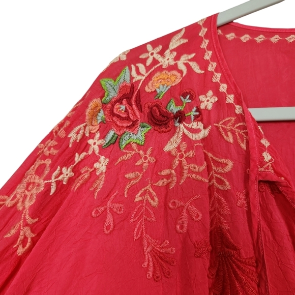 Johnny Was Orange Coral Roses Floral  Embroidered Tunic Blouse Women's Medium - Picture 10 of 12